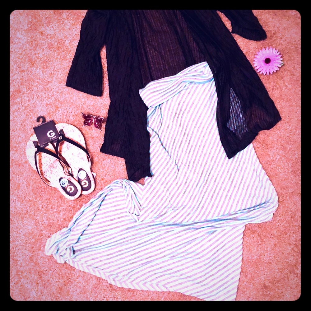 Aqua/Teal and Gray Striped Maxi Skirt